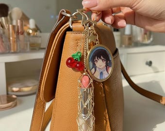 Custom Photos Mirror Keychain & Lipstick Holder, Double Cherry Golden Star Bag Charms Stylish Valentine's Day Personlized Gifts