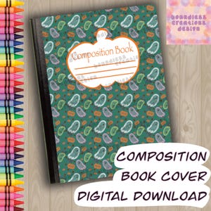 Peut inclure: Une couverture de cahier avec un fond vert orné de fantômes et de citrouilles. La couverture comporte une étiquette blanche en forme de citrouille avec l'inscription "Composition Book". Le bas de la couverture indique "Composition Book Cover Digital Download".