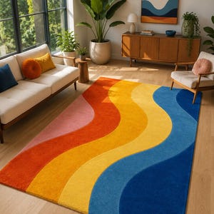Hand Tufted Wool Rug, Colorful Wave Abstract Area Rug, Modern Cut Pile Rectangle Carpet, Handmade Contemporary Home Decor.