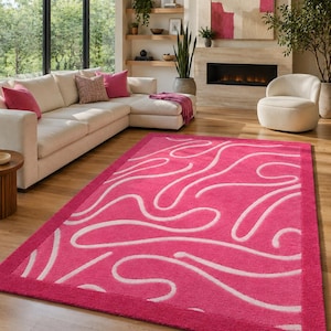 Pink Hand Tufted Wool Rug, Modern Abstract Area Rug, Luxury Cut Pile Carpet, Contemporary Handmade Living Room Rug, Soft Wool Rug