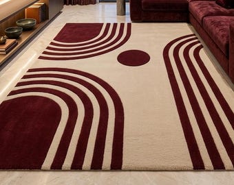 Modern Geometric Hand Tufted Wool Area Rug, Beige Burgundy Luxury Carpet 9x12 8x10