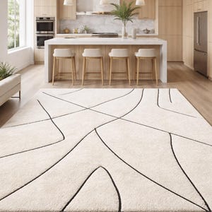 Alfombra de lana tejida a mano, diseño lineal abstracto moderno, alfombra de bucle alto y bajo de 9x12