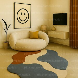 Abstract Irregular Carpet – Handmade Tufted Wool Rug, Blue Beige Terracotta Modern