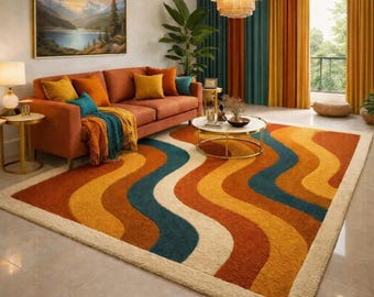 9x12 Ft Retro Mid Century Shag Rug – 70s Geometric Orange Yellow Plush Carpet
