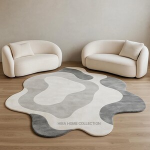 Contemporary Wool Area Rug – Hand-Tufted Irregular Carpet, Grey & Ivory Cloud Shape