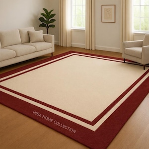 Hand-Tufted Wool Area Rug: Maroon Border, Elegant Cream Center For Living Room 9x12 ft