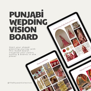 May include: A digital vision board titled "Punjabi Wedding Vision Board" displays images of wedding outfits, jewelry, and decor. The board includes the text "Wedding Day Outfits Bride and Groom," "Choora and Kalire," and "Mehndi Mood board."