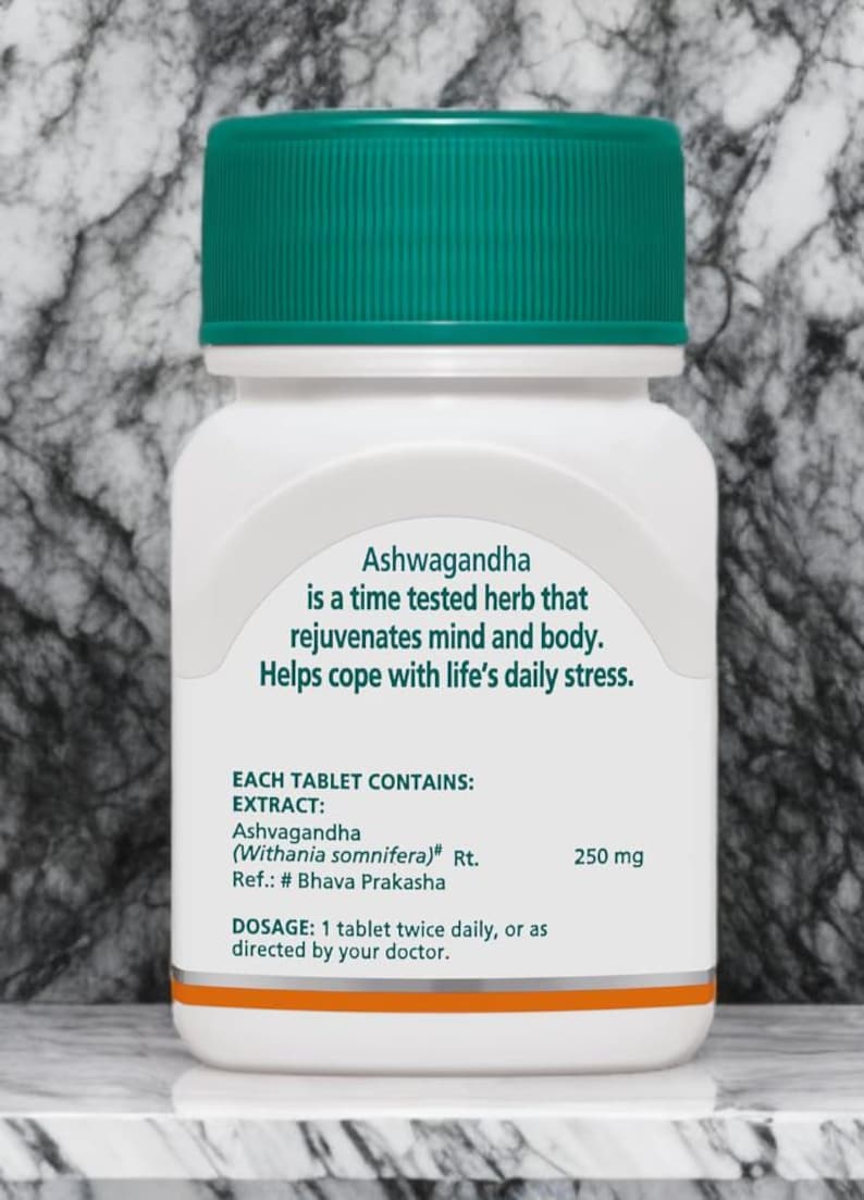 May include: A white bottle with a green cap containing Ashwagandha tablets. The label states the herb rejuvenates mind and body and helps with stress. Each tablet contains 250 mg of Ashwagandha extract.