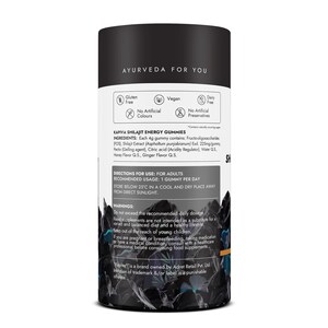 K&ouml;nnte beinhalten: Ein zylindrischer schwarz-wei&szlig;er Beh&auml;lter mit Kapiva Shilajit Energy Gummies. Das Etikett enth&auml;lt Text zu Inhaltsstoffen, Anwendung und Warnhinweisen. Das Produkt ist glutenfrei, vegan und milchfrei, ohne k&uuml;nstliche Farbstoffe oder Konservierungsmittel.