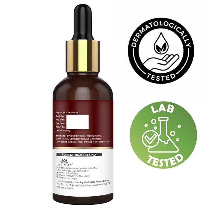 Puede incluir: Una botella de vidrio marr&oacute;n con un cuentagotas negro y un cuello dorado. La botella tiene una etiqueta blanca con texto y est&aacute; acompa&ntilde;ada de dos logotipos circulares: uno que dice "DERMATOLOGICALLY TESTED" y otro "LAB TESTED". Solo para uso externo.
