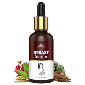 Puede incluir: Una botella de vidrio marr&oacute;n de s&eacute;rum para senos con cuentagotas negro y detalles dorados. La etiqueta dice "BREAST Serum" con la silueta de una mujer. Adornada con una granada, hojas verdes y otros ingredientes naturales. Contenido neto: 30 ml.
