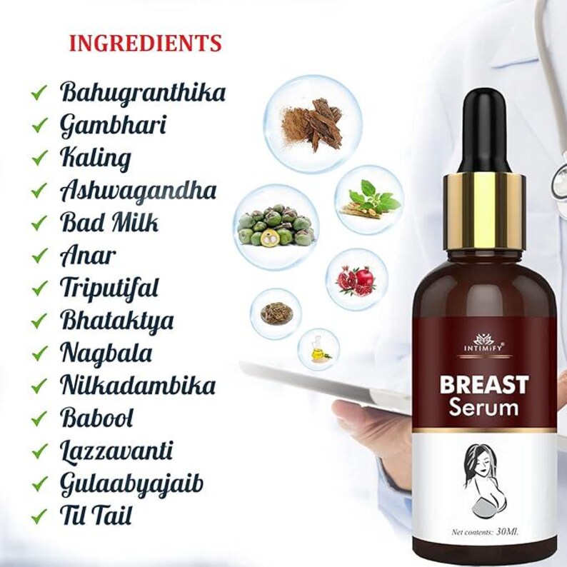 Puede incluir: Una botella de vidrio marr&oacute;n de suero para senos con cuentagotas y tapa dorados. La etiqueta dice "BREAST Serum" e "INTIMIFY". La imagen tambi&eacute;n muestra una lista de ingredientes e ilustraciones.