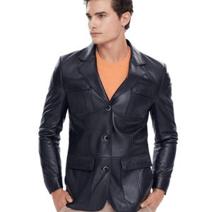 Kevin Men’s Genuine Black Leather Blazer – Stylish Buttoned Coat