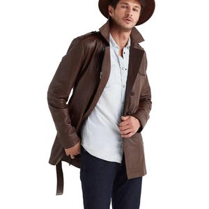 Men’s Brown Leather Trench Coat – 100% Genuine Real Leather