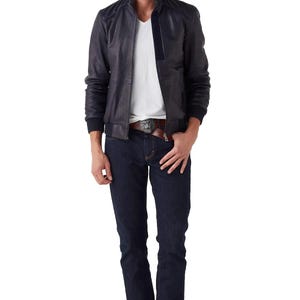 Oscar Men’s Classic Navy Blue Leather Jacket – 100% Genuine Leather