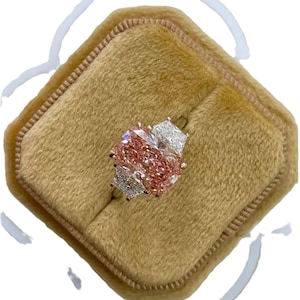 Radiant Cut Lab Grown Fancy Vivid Pink Diamond Three Stone Ring 14k Gold Vermeil on Sterling Silver
