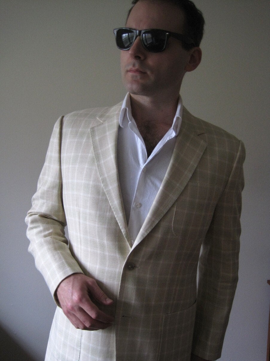Mens Two Button Plaid Sport Coat Size 38, Summer Weight Pastel Jacket, Double Vented Single Breasted Custom Tailored Blazer