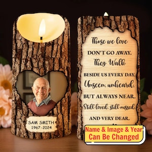 Personalized Memorial LED Candle with Rustic Bark Design, Custom Photo and Dates, Sympathy Gift and Remembrance Keepsake for Loved Ones