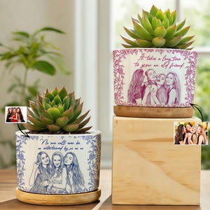 Custom Photo Pencil Sketch A True Friendship Is A Journey Without An End, Personalized Ceramic Plant Pot, Gift For Friends, Sister, BFF