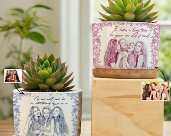 Custom Photo Pencil Sketch A True Friendship Is A Journey Without An End, Personalized Ceramic Plant Pot, Gift For Friends, Sister, BFF