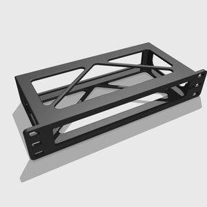 May include: A black rectangular rack mount bracket featuring a rigid frame with diagonal support struts and three mounting holes on each side flange. The structure is open, constructed with a geometric pattern of cutouts for ventilation.