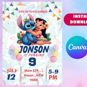Stitch Birthday Invitation Template: Editable Canva Design (Digital Download)