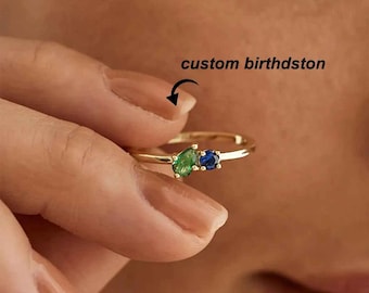 Custom Two Birthstone Ring, Dainty Gold Stainless Steel Gemstone Band