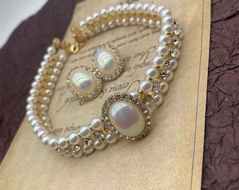 Women Elegant Pearl Double Layers Necklace Earrings Exquisite Vintage Classic Chains For Lady Party Wedding Retro Jewelry Choker