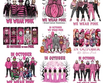 In October We Wear Pink PNG,Pink Horror Characters png, Breast Cancer Awareness, pink halloween Png,Pink Breast Cancer Png,Horror Movie Pink