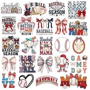 May include: A collection of baseball-themed designs featuring baseballs, bows, bats, and text. Designs include "Baseball Mama," "Game Day," and "Baseball Season." The color palette includes red, white, blue, and brown.