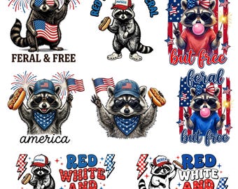 Feral & Free Raccoon png, Red White And Feral SVG, Funny Raccoon Shirtpng, Funny 4th of July PNG, Merica Png, Hotdog Raccoon png, Merica png