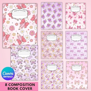 May include: Eight composition book covers with various designs. The covers feature patterns of bows, pencils, flowers, rainbows, and school buses in shades of pink, purple, and white. Each cover has a white label that says "COMPOSITION BOOK". The text "8 COMPOSITION BOOK COVER" is at the bottom.
