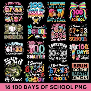 以下が含まれることがあります： 「100 Days of School」をテーマにした、16個のカラフルなPNGグラフィックのコレクションです。各デザインには、「I Survived」や「Days of School」などのテキストとイラストが含まれており、さまざまな装飾要素が使用されています。
