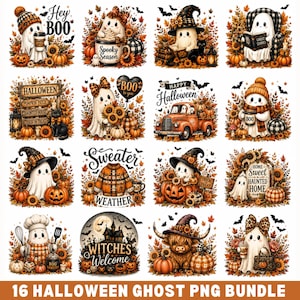 May include: A digital collection of 16 Halloween-themed illustrations featuring white ghosts, pumpkins, sunflowers, and autumn foliage. Designs include ghosts with hats, sweaters, and signs reading Hey Boo, Spooky Season, Halloween, and Witches Welcome.