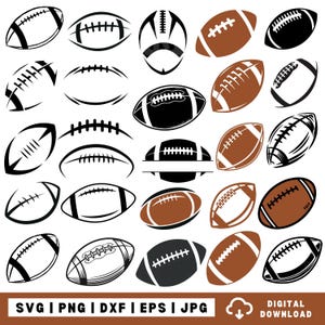 May include: A collection of twenty-five American football illustrations in various styles, including solid black silhouettes, brown-toned graphics, and outlined sketches. The designs feature laces and stripes, presented as a digital download set.