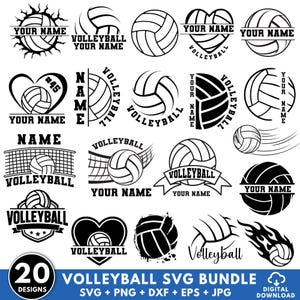 Könnte beinhalten: Eine Sammlung von 20 Volleyball-SVG-Designs in Schwarz und Weiß. Die Designs umfassen Volleybälle, Netze und Textelemente wie "Volleyball" und "Your Name". Das Bundle ist in SVG, PNG, DXF, EPS und JPG Formaten erhältlich.