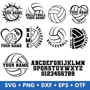 Op de afbeelding: Zwart-wit volleybalontwerpen met tekstvelden voor personalisatie. Bevat verschillende volleybalafbeeldingen, de woorden "VOLLEYBALL" en "YOUR NAME", plus een alfabet en de cijfers 0-9. Formaten: SVG, PNG, DXF, EPS, OTF.