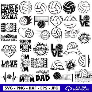 May include: A collection of black and white volleyball-themed graphics. Designs include volleyballs, nets, hearts, and text such as "Love Volleyball," "Mom," and "Senior 2025." The image also includes file type information: SVG, PNG, DXF, EPS, and JPG.