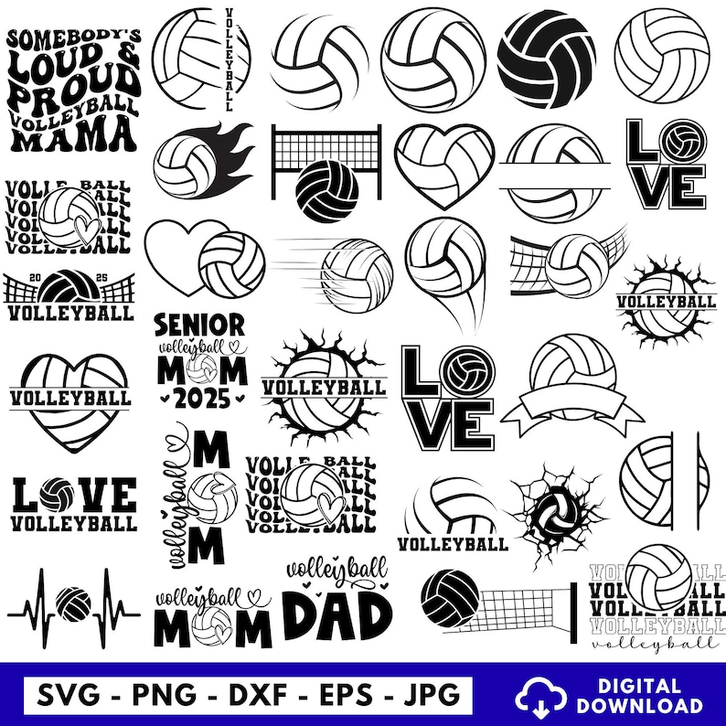 May include: A collection of black and white volleyball-themed graphics. Designs include volleyballs, nets, hearts, and text such as "Love Volleyball," "Mom," and "Senior 2025." The image also includes file type information: SVG, PNG, DXF, EPS, and JPG.