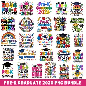 May include: A collection of colorful Pre-K Graduate 2026 PNG designs. The designs feature graduation caps, stars, pencils, apples, and playful text like "Hooray! I Graduated!" and "So Long, It's Been Fun!" Perfect for graduation-themed crafts and projects.