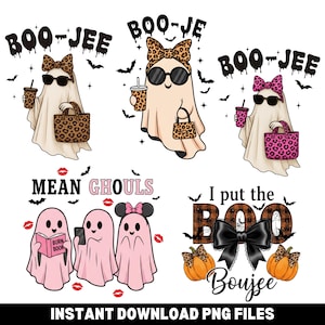 May include: A digital graphic set featuring five ghost illustrations. Three ghosts are labeled BOO-JEE with leopard or pink print accessories. One group of three pink ghosts is labeled MEAN GHOULS. One design features pumpkins and a black bow with the text I put the BOO Boujee.