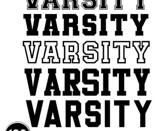 May include: A digital graphic showcasing five black and white "VARSITY" font designs. The image includes the text "5 VARSITY FONTS BUNDLE" and "180 DESIGNS" in a blue banner at the bottom. These fonts are ideal for digital design projects and creative applications.