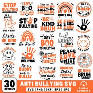 May include: A collection of 30 digital anti-bullying designs in orange and black. The graphics feature phrases like Stop Bullying, Be A Buddy Not A Bully, and We Wear Orange, incorporating icons such as rainbows, hand signs, hearts, and smiley faces.