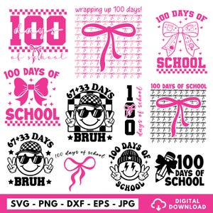 Könnte beinhalten: Eine Sammlung von pinkfarbenen und schwarzen digitalen Designs mit dem Text "100 Schultage" und zugehörigen Grafiken. Enthält Schleifen, Smiley-Gesichter und einen Bleistift. Formate: SVG, PNG, DXF, EPS und JPG.