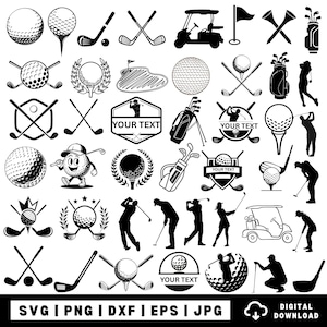 May include: Black and white golf-themed vector graphics. Includes golf balls, clubs, a golf cart, a flag, and silhouettes of golfers. Text elements include "YOUR TEXT" and file type indicators: SVG, PNG, DXF, EPS, JPG, and "DIGITAL DOWNLOAD."