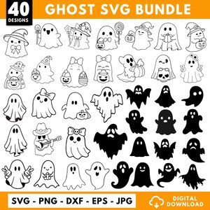 May include: A collection of 40 ghost designs in black and white. The ghosts have various expressions and are wearing hats, holding pumpkins, and playing instruments. Text at the top reads "GHOST SVG BUNDLE" and "40 DESIGNS". Below are file type options: SVG, PNG, DXF, EPS, JPG.