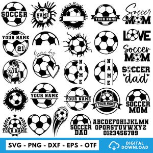 May include: A collection of black and white soccer-themed graphics, including soccer balls, text, and decorative elements. Text includes "SOCCER", "YOUR NAME", "Game day", "Soccer MOM", "Soccer dad", and the alphabet. Digital download.