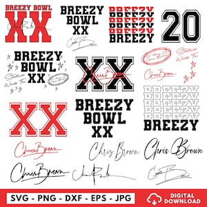 May include: A collection of digital design elements featuring the text "BREEZY BOWL XX" in various styles, along with the number "20" and signatures. The designs are in red, black, and white.