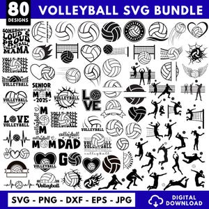 Può includere: Un pacchetto di 80 design SVG a tema pallavolo in bianco e nero. Include palloni, reti, sagome di giocatori e testi come "Love Volleyball". Formati: SVG, PNG, DXF, EPS, JPG. Include "Download digitale".