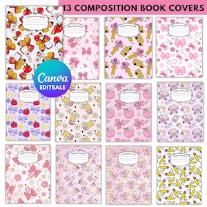 Puede incluir: Una colección de 13 portadas para cuadernos de composición con varios patrones repetitivos que incluyen lápices, lazos, manzanas, autobuses escolares y flores en tonos rosa, amarillo y morado. Cada portada incluye una etiqueta blanca central.